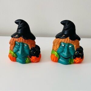 Vintage Halloween Witch Candle Holder’s Hand Painted Black Cat Jack O Lantern